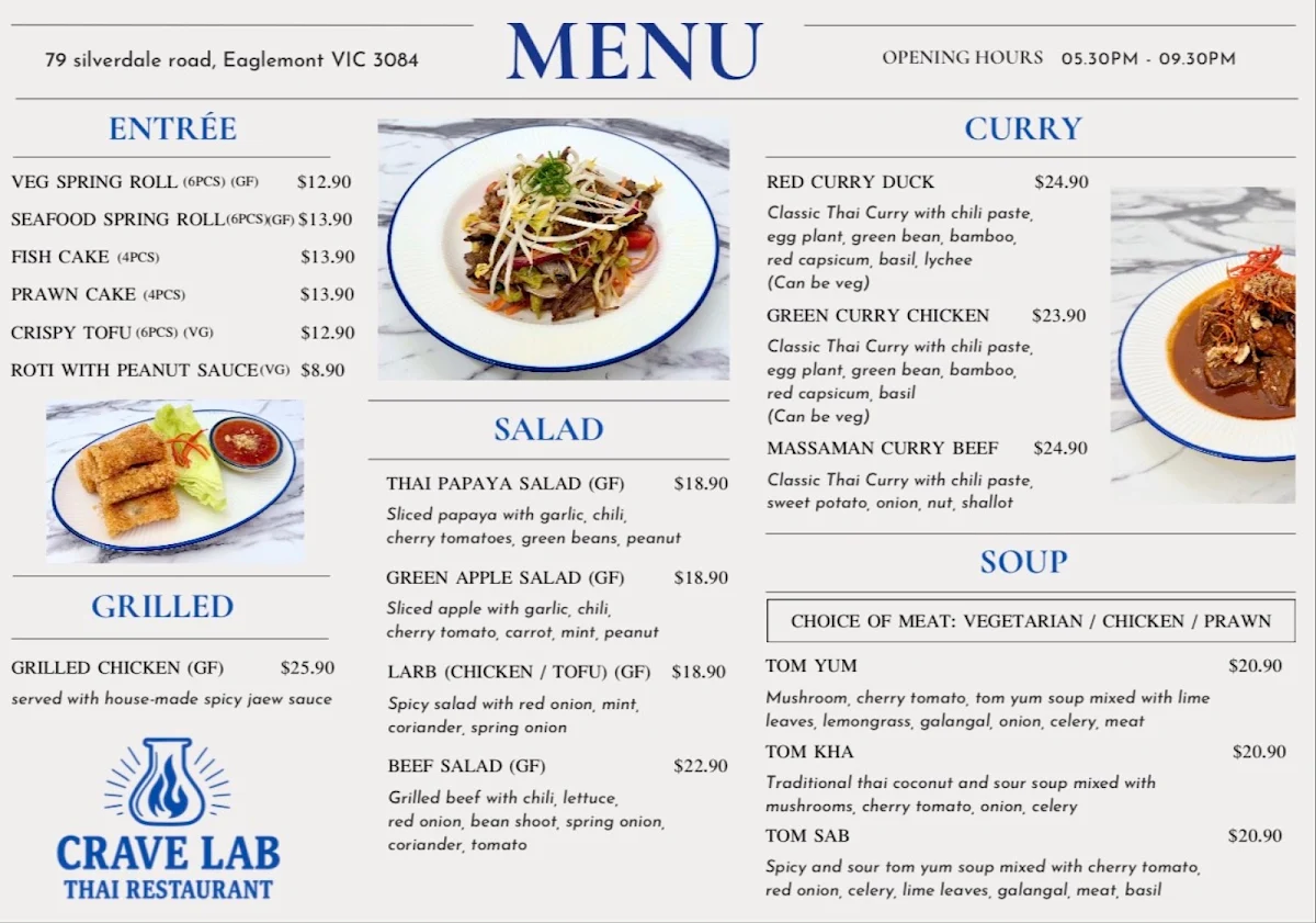 Menu, Crave Lab Thai Restaurant