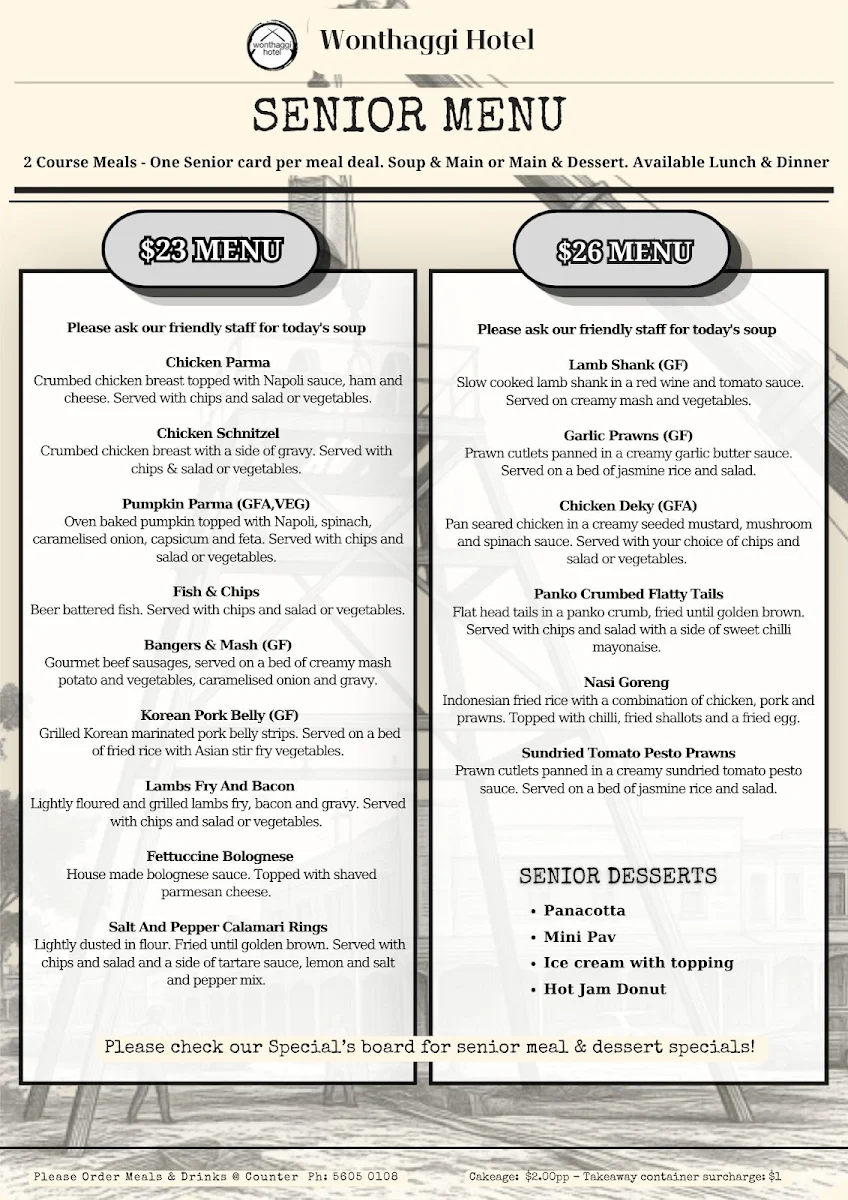 Menu, Wonthaggi Hotel