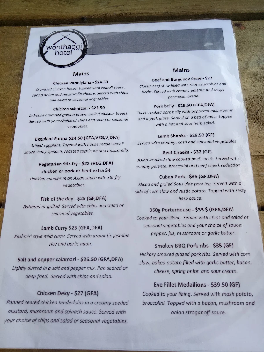 Menu, Wonthaggi Hotel