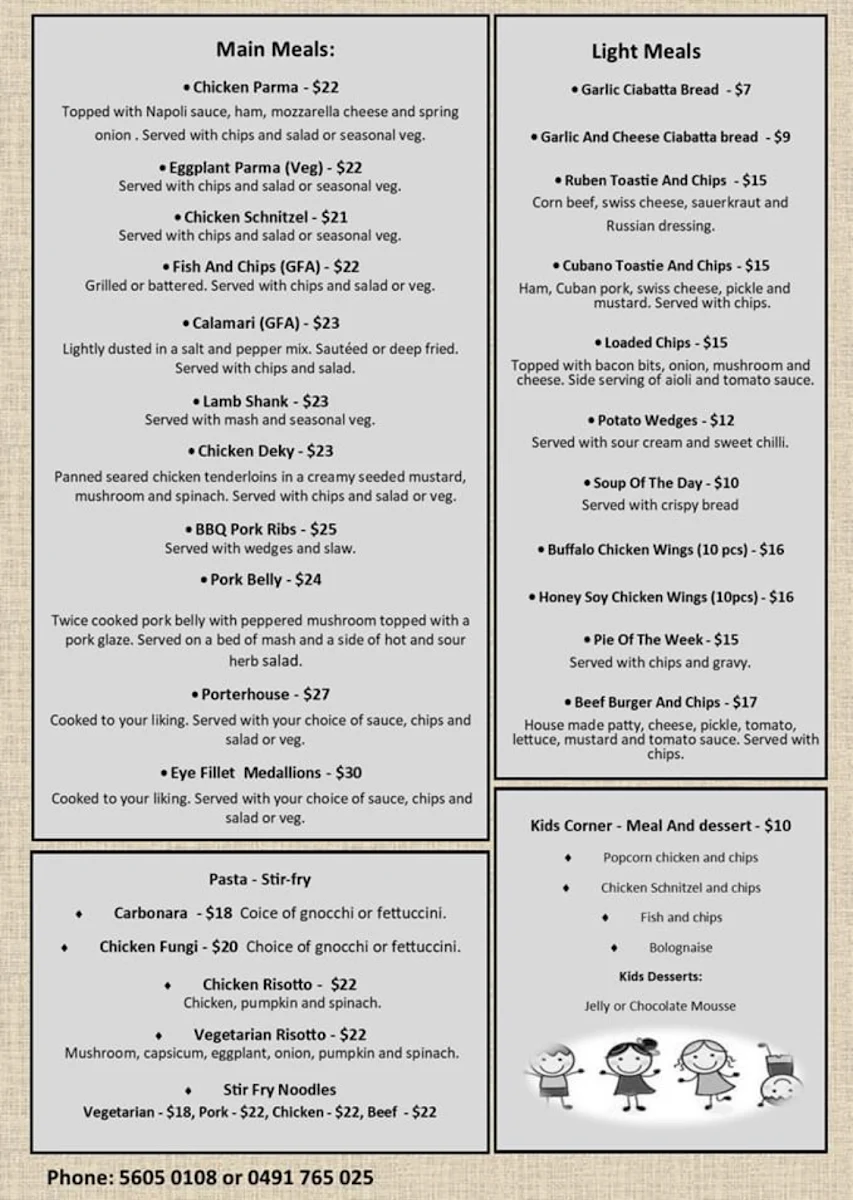 Menu, Wonthaggi Hotel