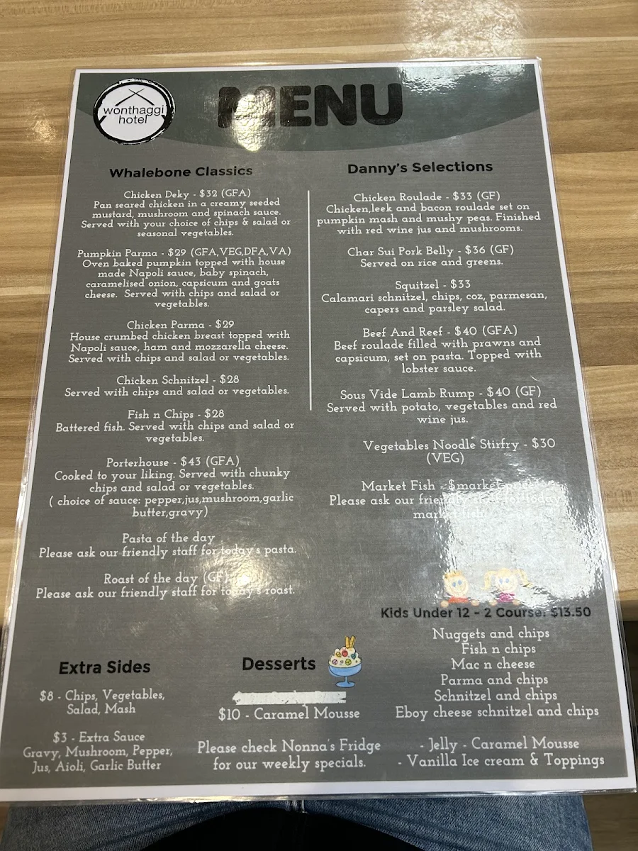 Menu, Wonthaggi Hotel