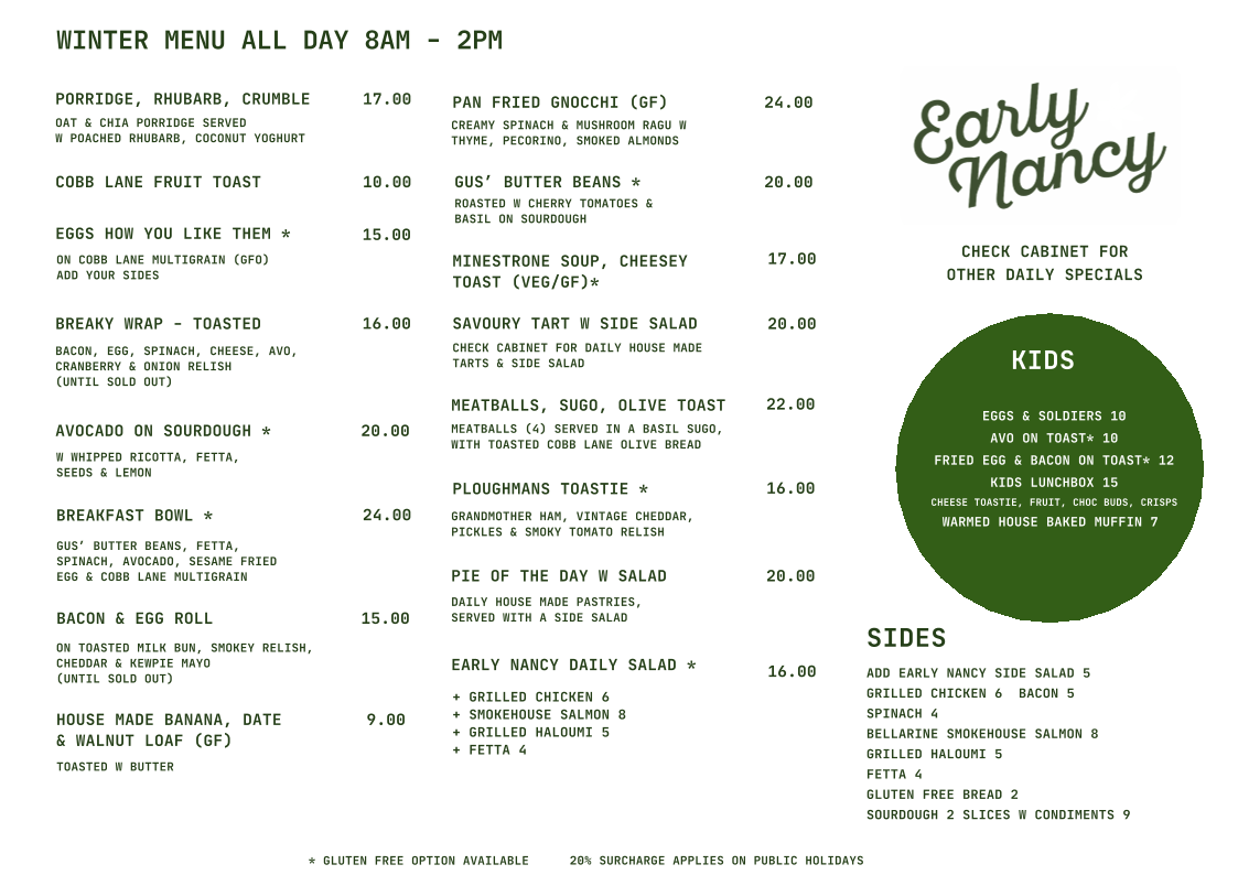 Menu, Early Nancy