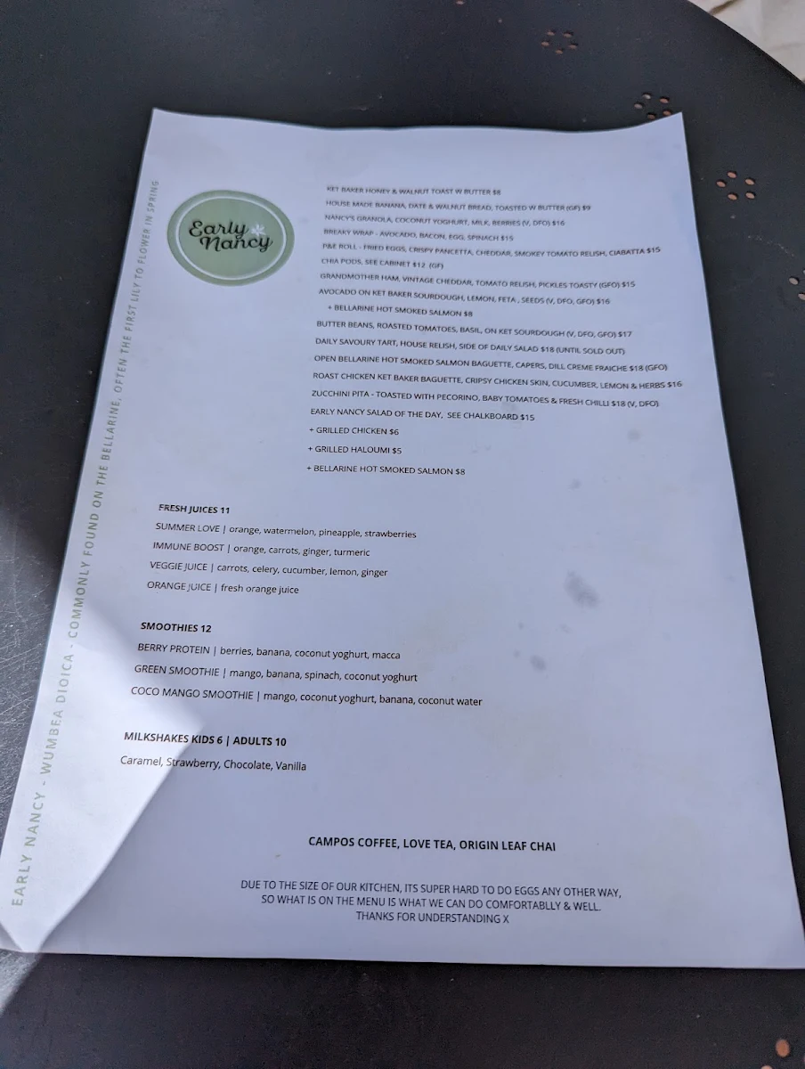 Menu, Early Nancy