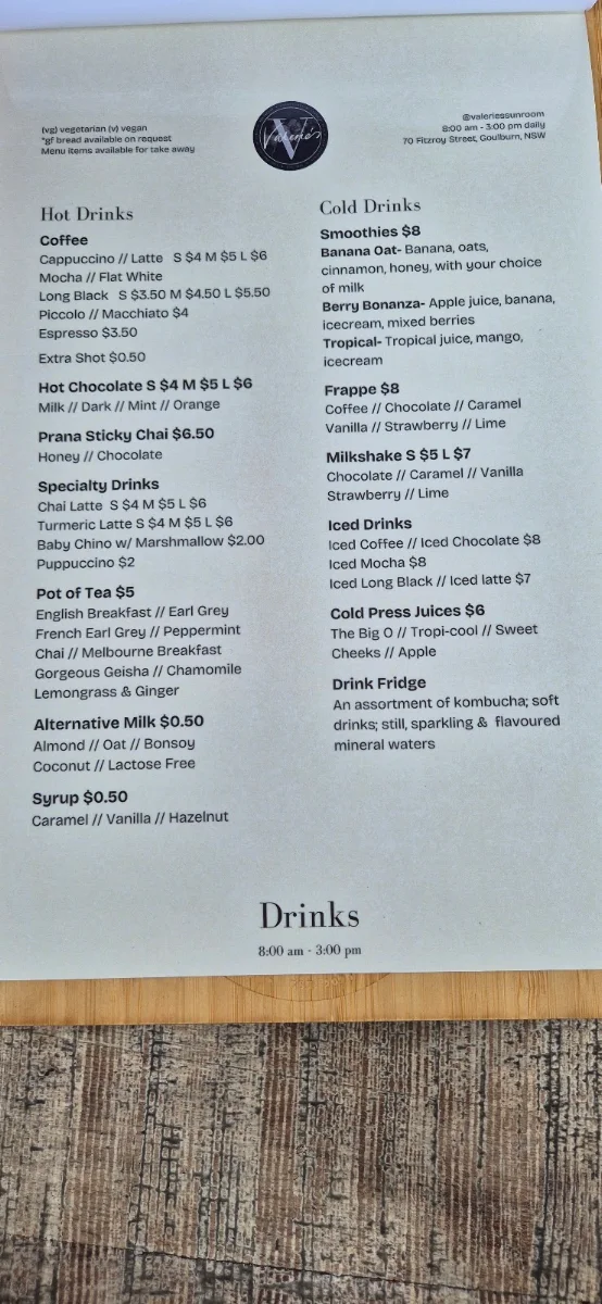 Menu, Valerie's Sunroom