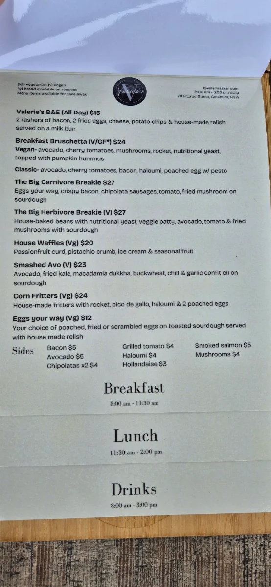 Menu, Valerie's Sunroom