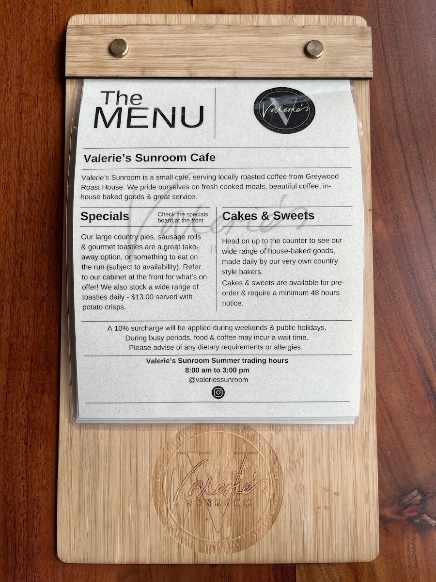 Menu, Valerie's Sunroom