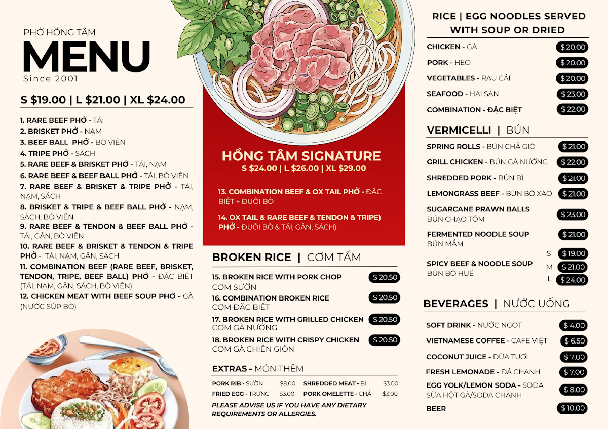 Menu, Pho Hong Tam