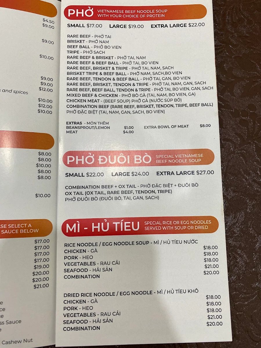 Menu, Pho Hong Tam