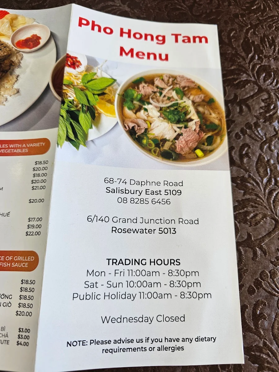 Menu, Pho Hong Tam