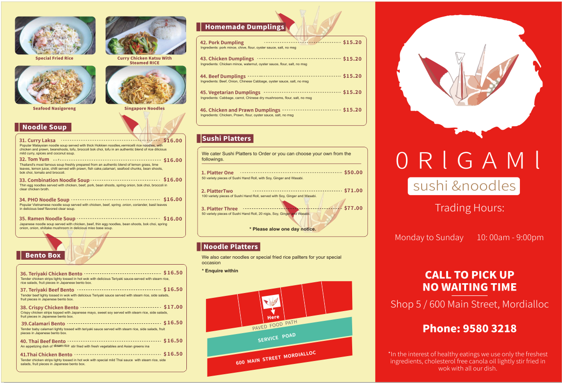 Menu, Origami Sushi & Noodles