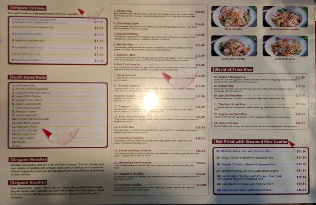 Menu, Origami Sushi & Noodles