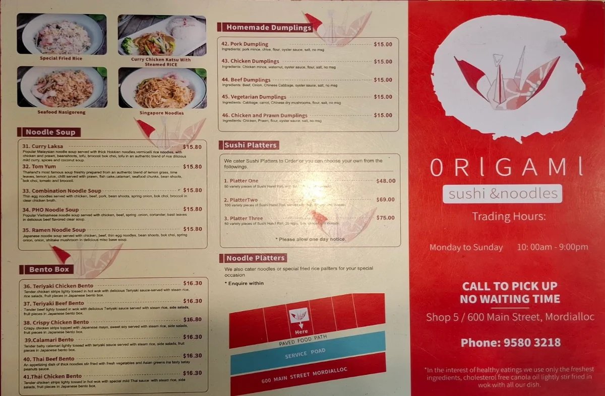 Menu, Origami Sushi & Noodles