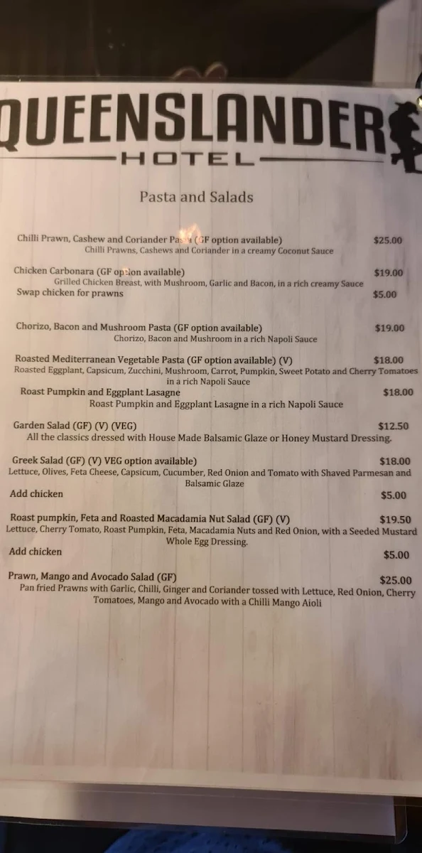 Menu, Queenslander Hotel
