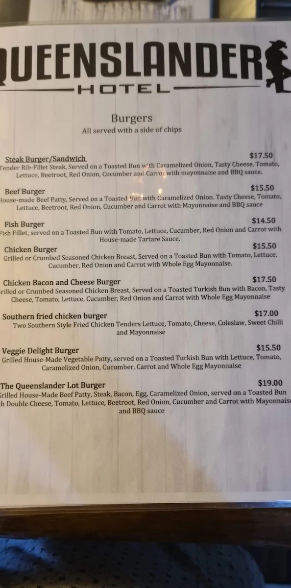 Menu, Queenslander Hotel