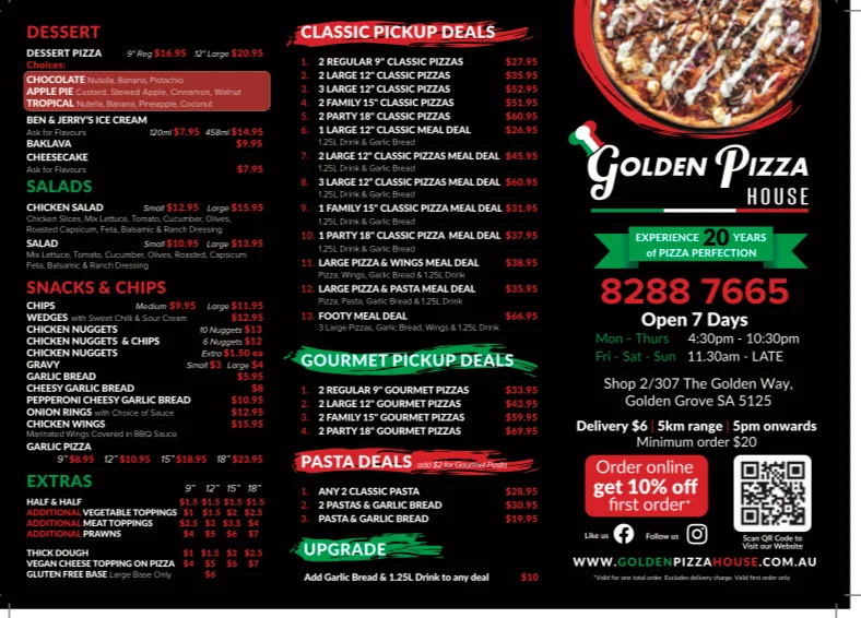 Menu, Golden Pizza House