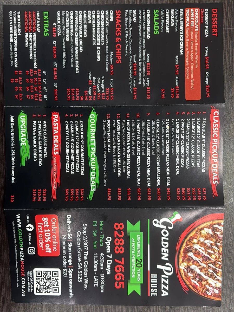 Menu, Golden Pizza House