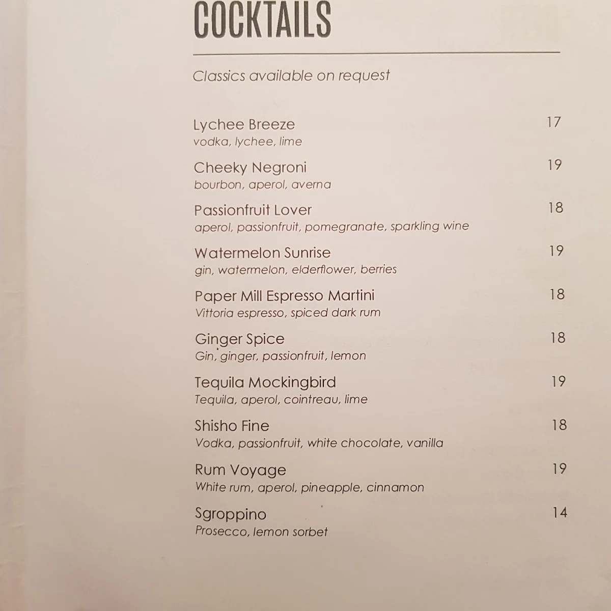 Menu, The Paper Mill Food