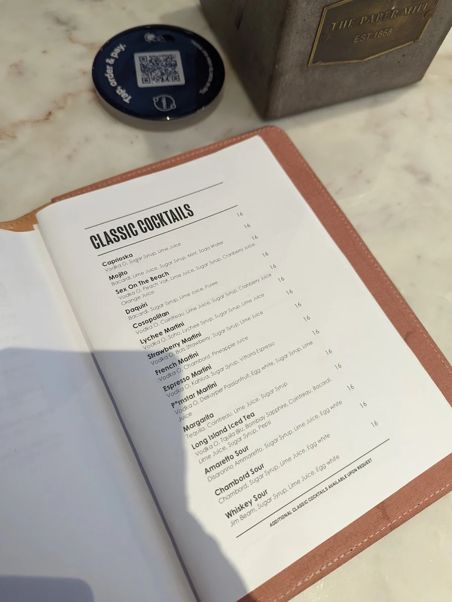 Menu, The Paper Mill Food