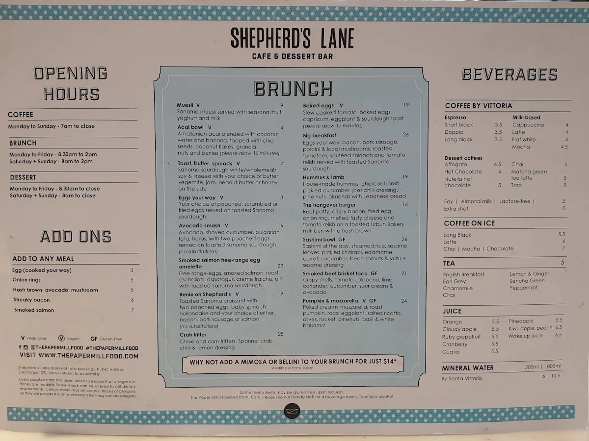 Menu, The Paper Mill Food
