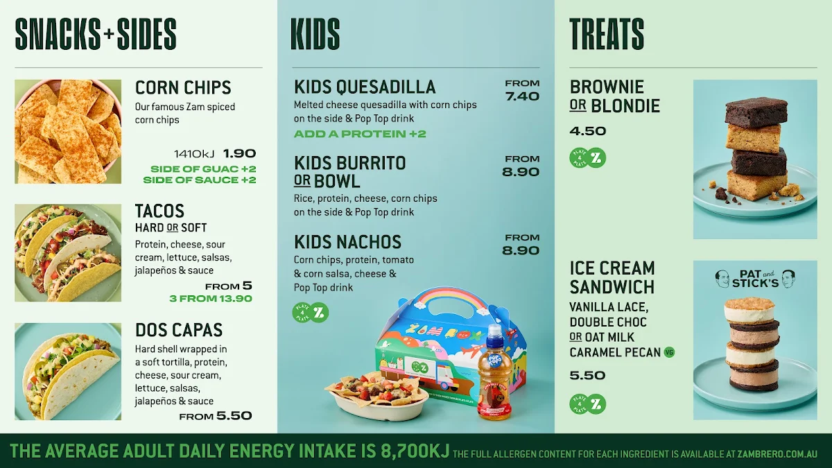 Menu, Zambrero Mount Gambier