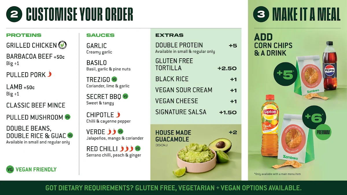Menu, Zambrero Mount Gambier