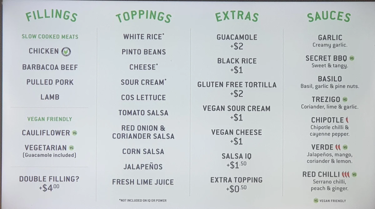 Menu, Zambrero Mount Gambier