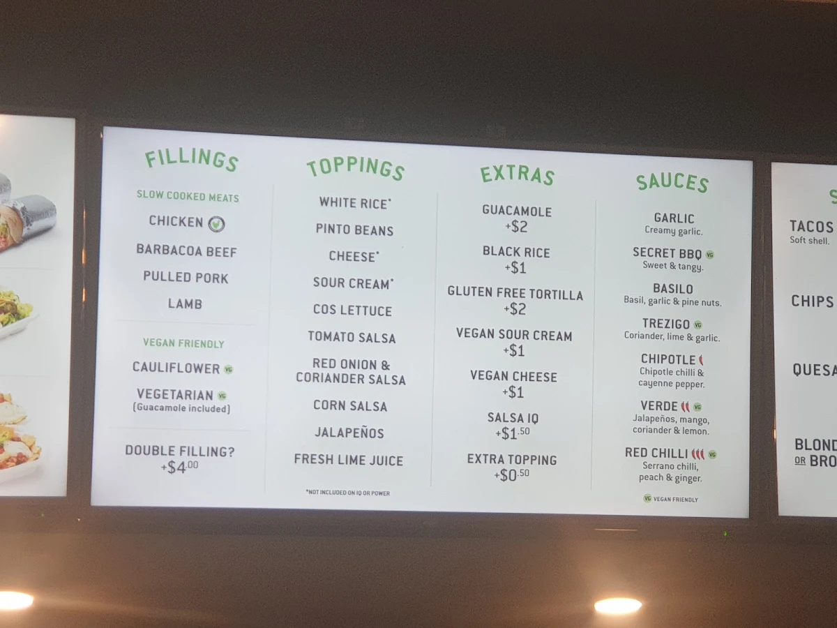 Menu, Zambrero Mount Gambier