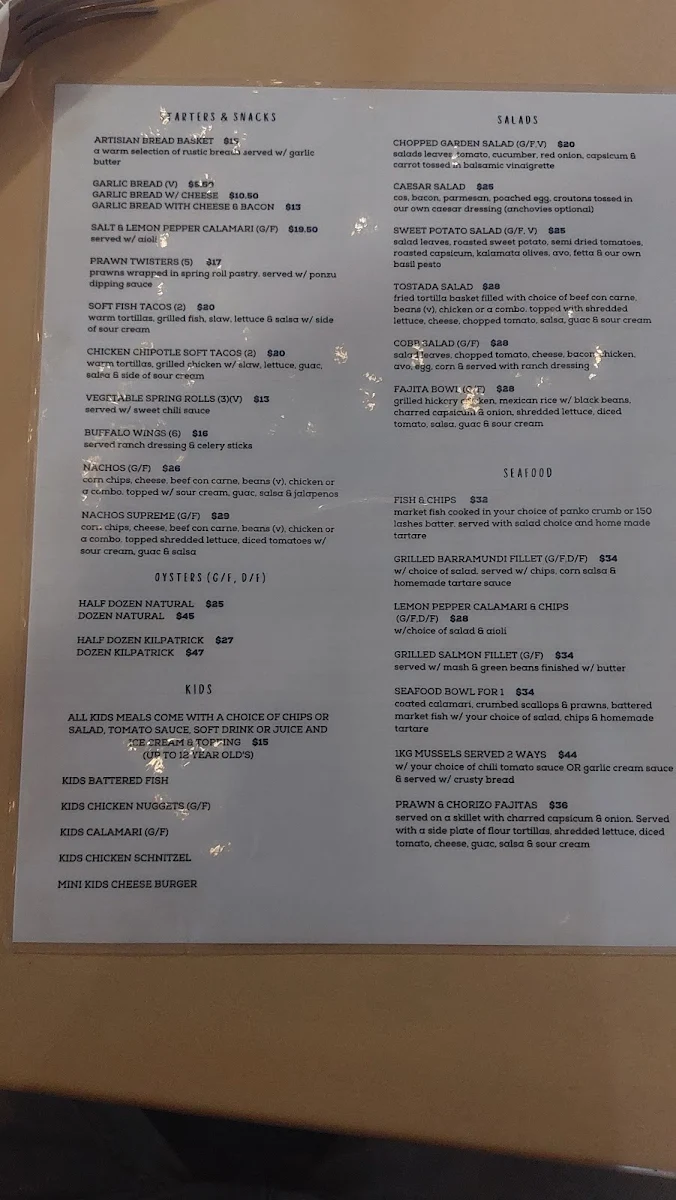 Menu, Gladstone Yacht Club