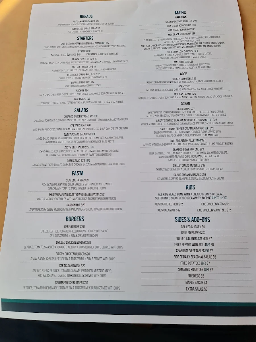 Menu, Gladstone Yacht Club