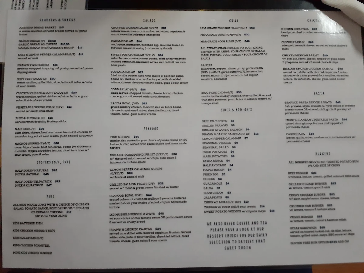 Menu, Gladstone Yacht Club
