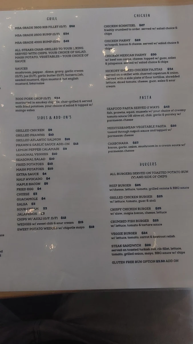 Menu, Gladstone Yacht Club