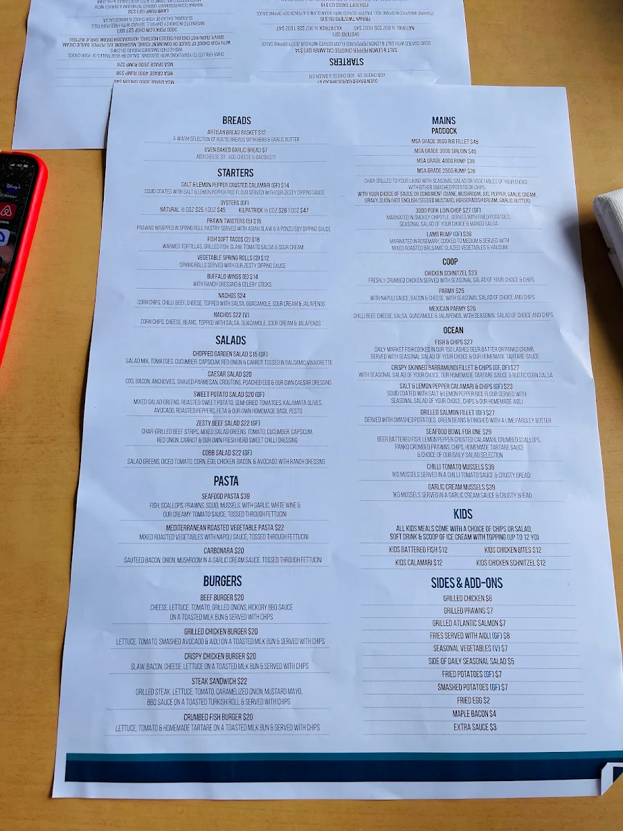Menu, Gladstone Yacht Club