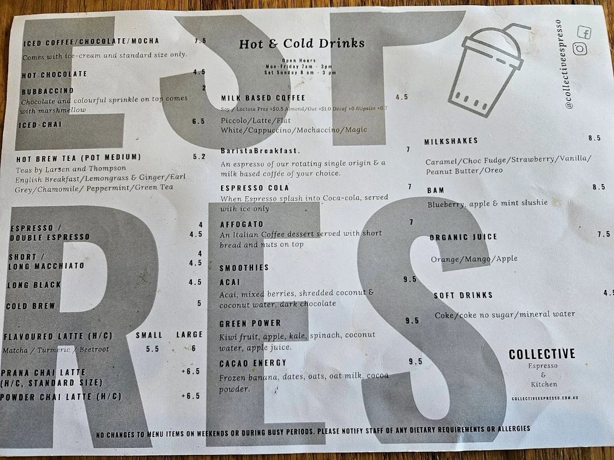 Menu, Collective Espresso