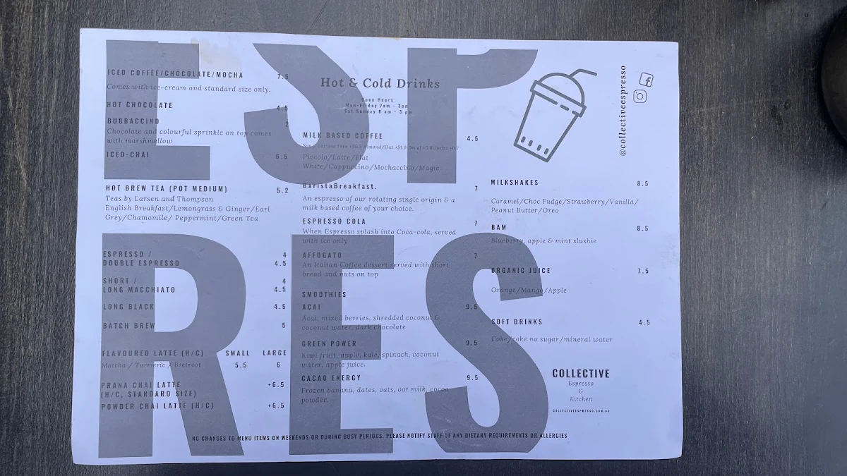Menu, Collective Espresso