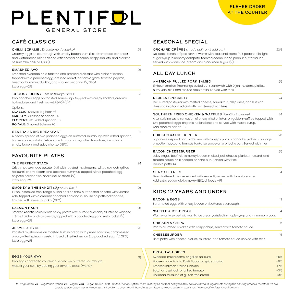 Menu, Plentiful General Store and Cafe