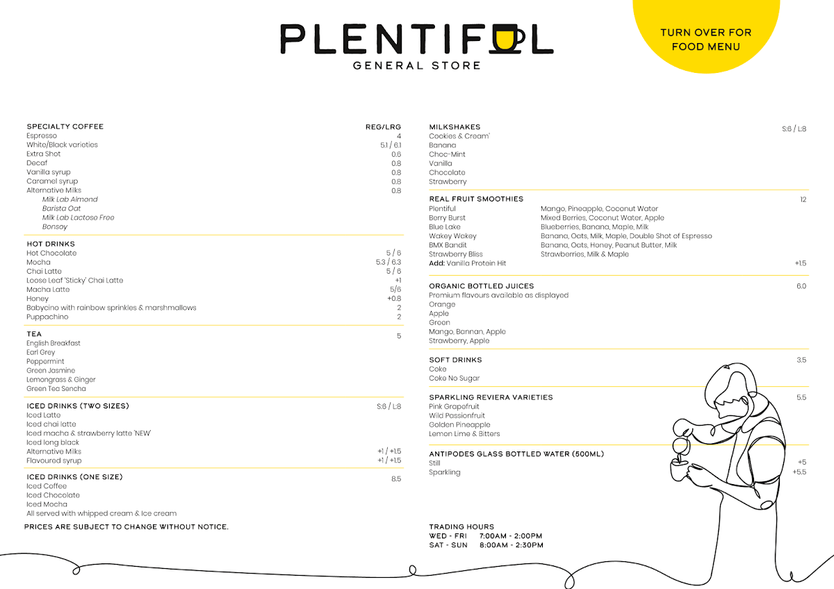 Menu, Plentiful General Store and Cafe