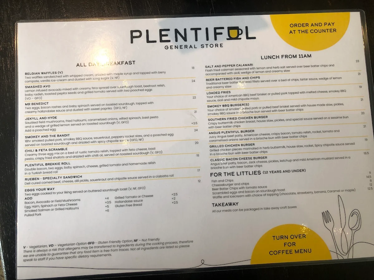 Menu, Plentiful General Store and Cafe