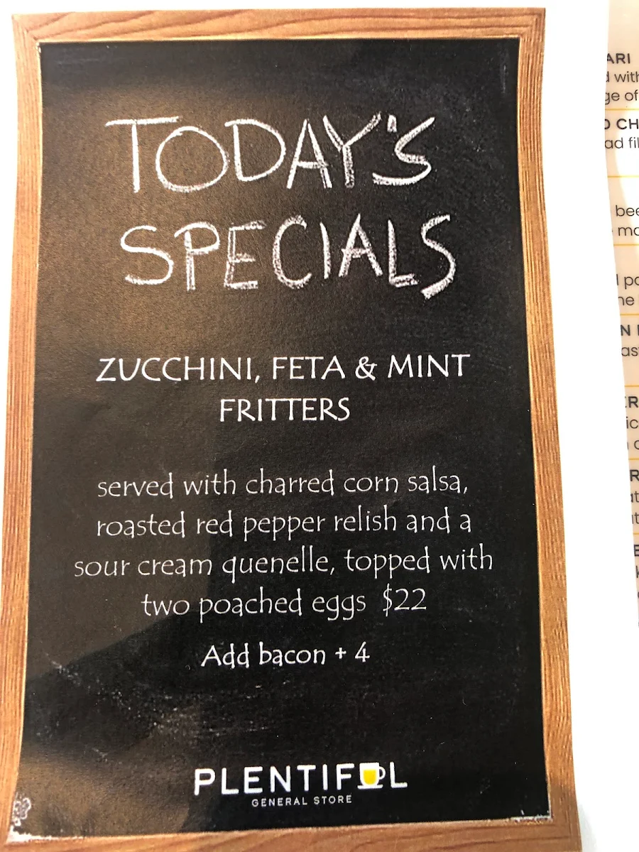 Menu, Plentiful General Store and Cafe