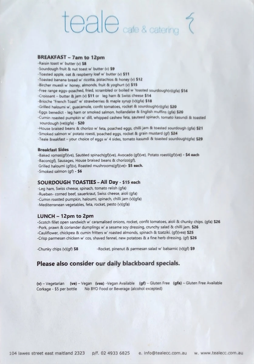 Menu, Teale Cafe & Catering