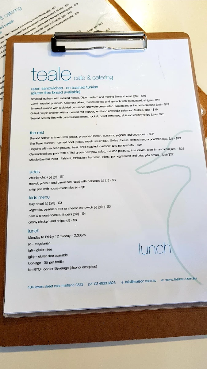 Menu, Teale Cafe & Catering