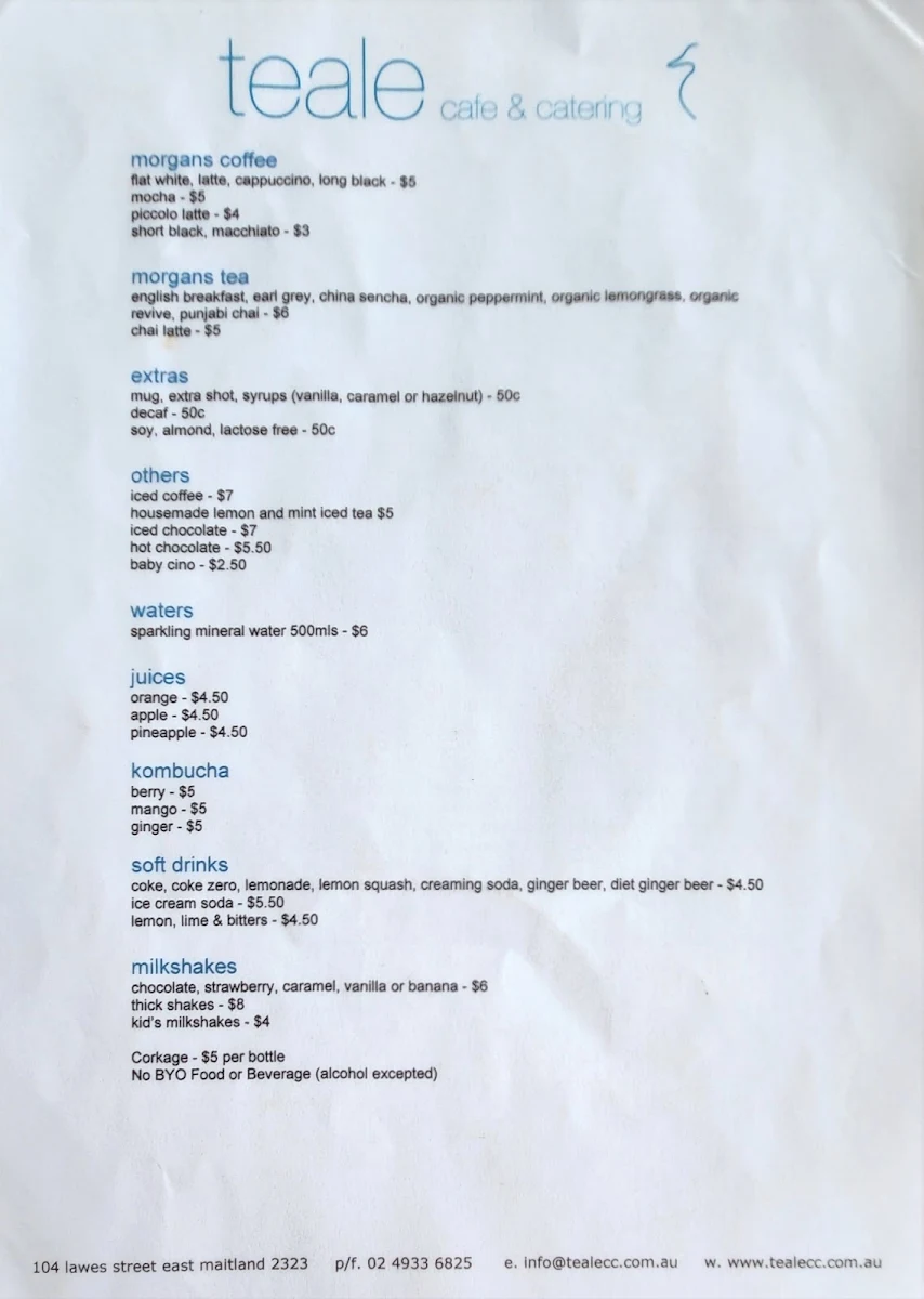 Menu, Teale Cafe & Catering