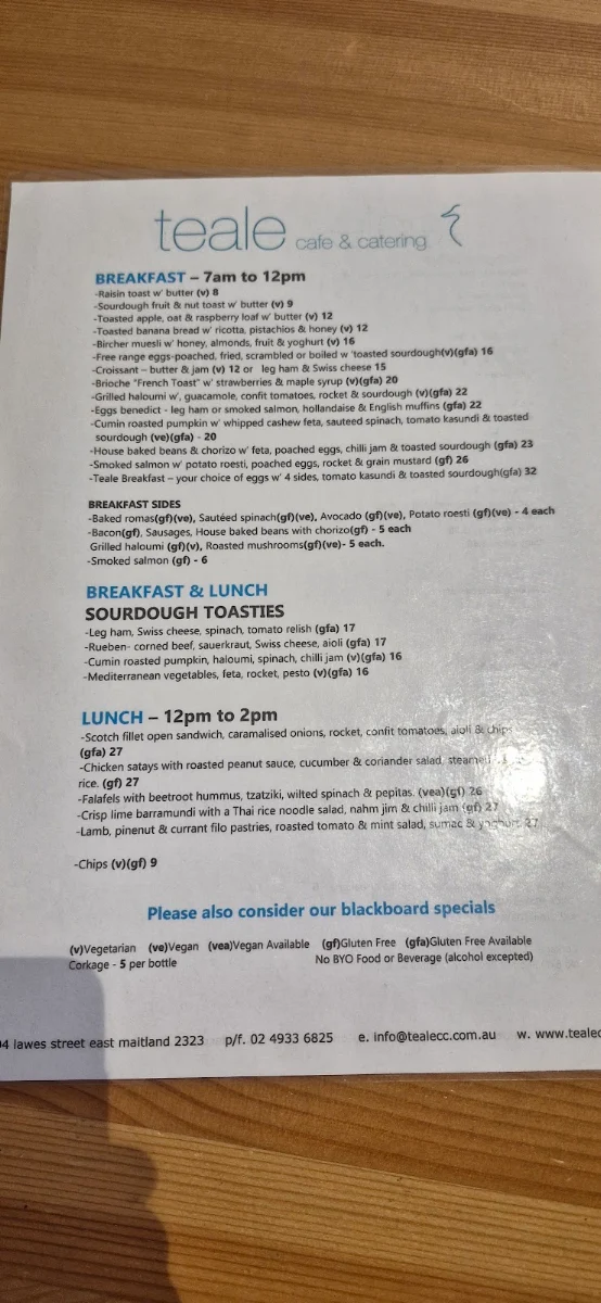 Menu, Teale Cafe & Catering