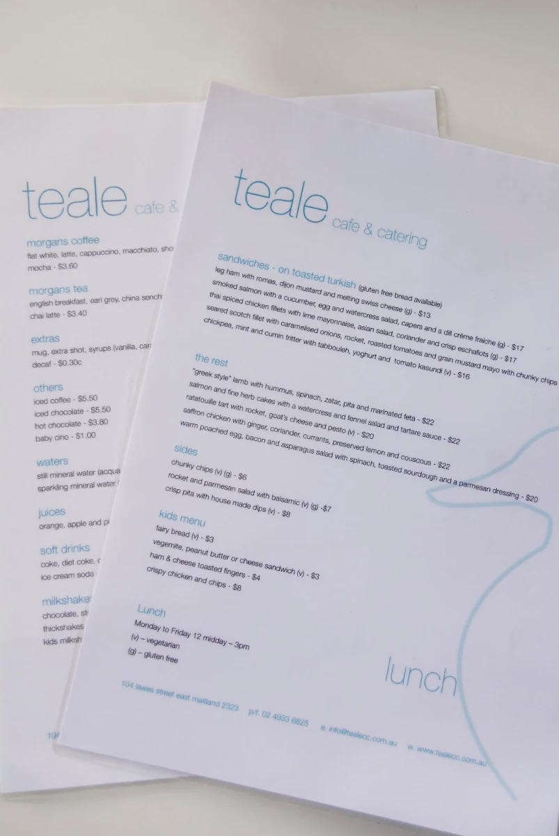 Menu, Teale Cafe & Catering