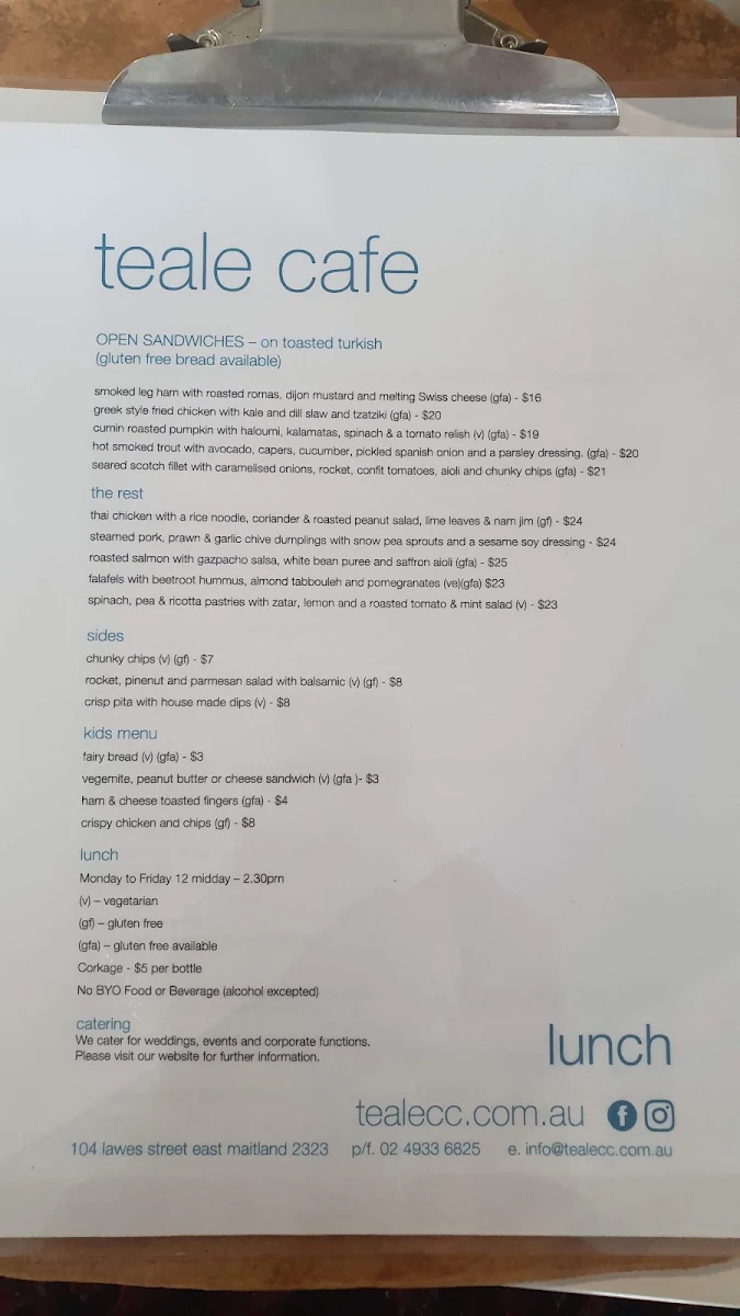 Menu, Teale Cafe & Catering