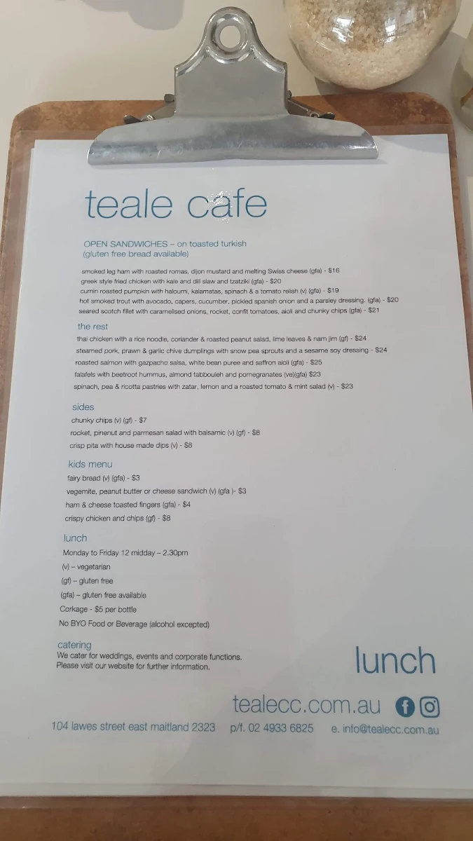 Menu, Teale Cafe & Catering
