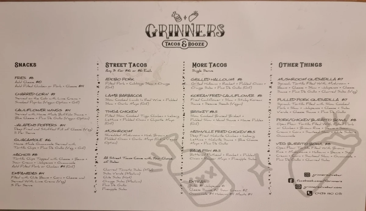 Menu, Grinners Dive Bar