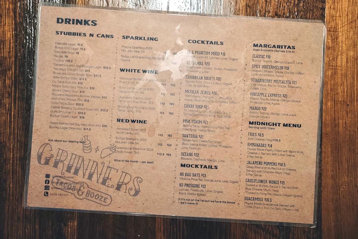 Menu, Grinners Dive Bar