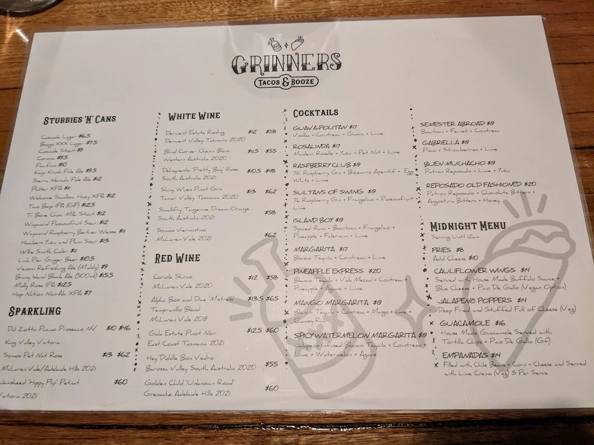 Menu, Grinners Dive Bar