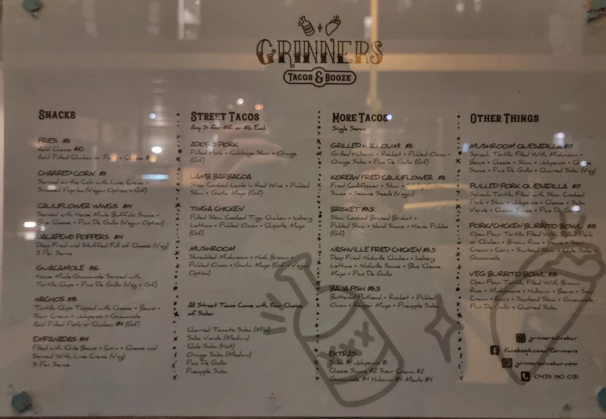 Menu, Grinners Dive Bar
