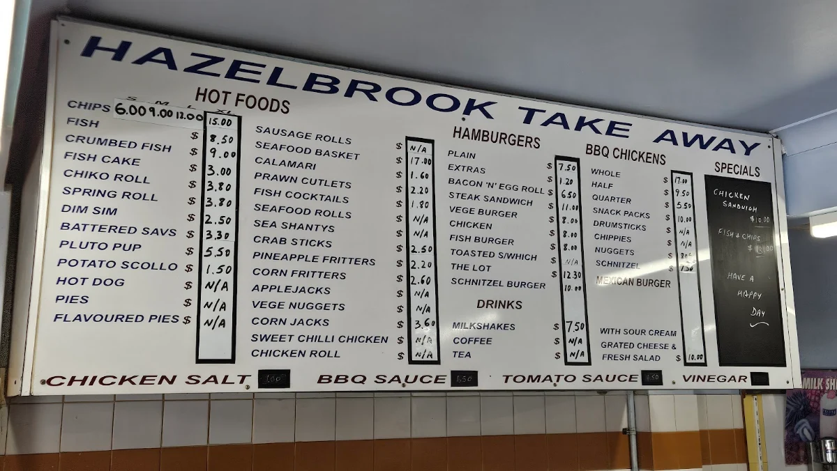 Menu, Hazelbrook Take Away